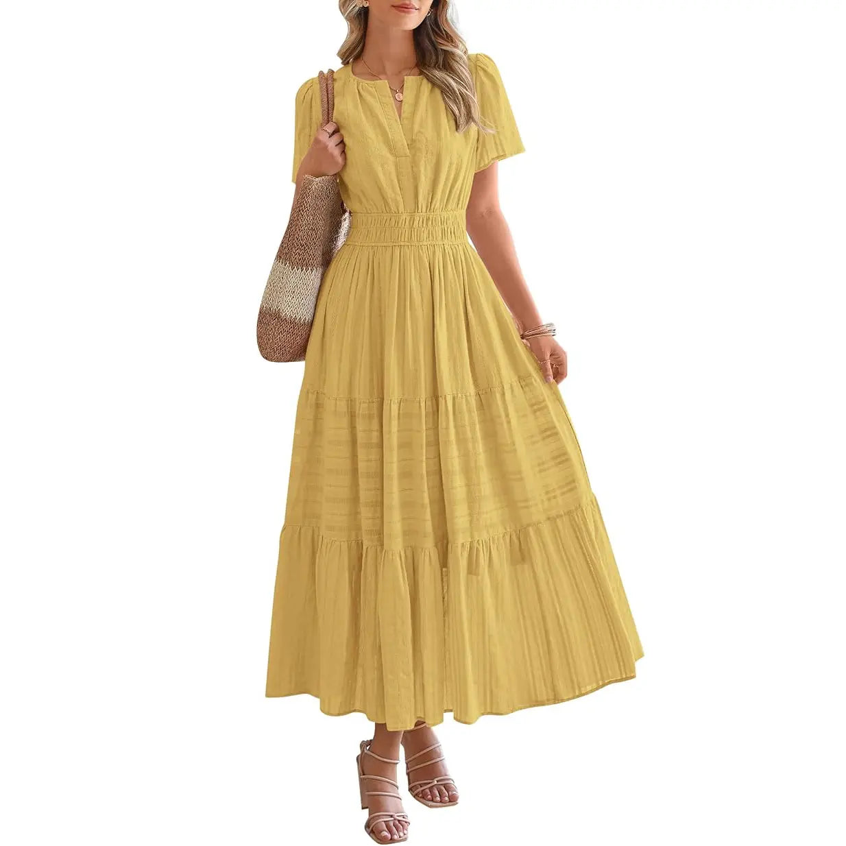Women's Summer 2026 Casual Maxi Dress Lightweight Short Sleeve V Neck Boho Dress with Pockets