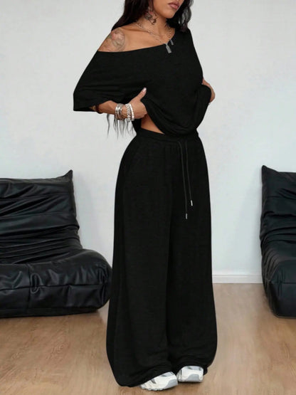 Loose Baggy Off Shoulder T-Shirt And Wide Leg Pants Two Pieces Outfits