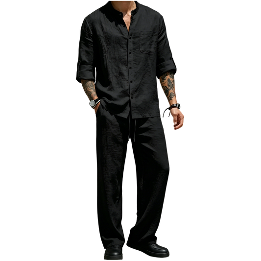 💝💝Men's Linen Stand Collar Long Sleeve Button Shirt & Straight Leg Belted Pants Set