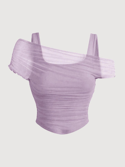 Women's Asymmetric Neckline Ruched Crop Top