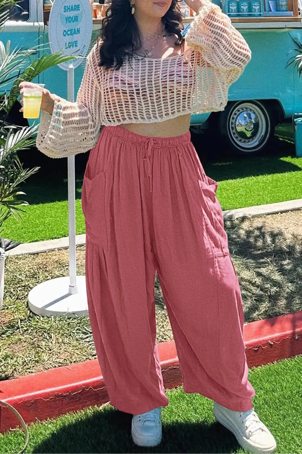 Women's Linen Wide Leg Pants Casual Loose Drawstring Low Waist with Pockets
