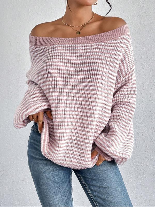 Women's Striped Drop Shoulder Sweater, Casual Bishop Sleeve Boat Neck Jumper for Daily Outdoor Wear, Ladies Knitwear for All Seasons, Womenswear, Tops