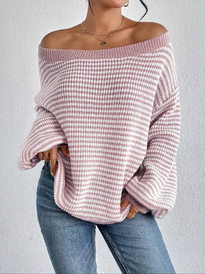 Women's Striped Drop Shoulder Sweater, Casual Bishop Sleeve Boat Neck Jumper for Daily Outdoor Wear, Ladies Knitwear for All Seasons, Womenswear, Tops