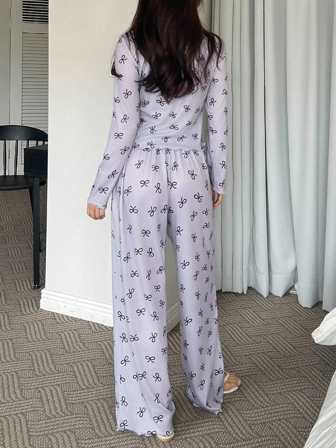 Women's Bow Print Long-Sleeve Lounge Pajama Set
