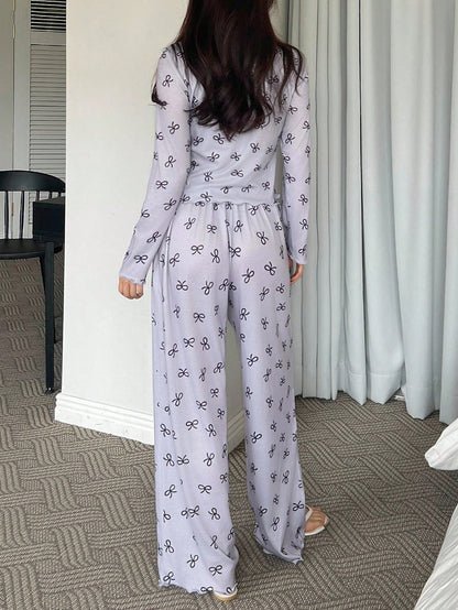 Women's Bow Print Long-Sleeve Lounge Pajama Set