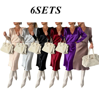 Silky Satin Long-Sleeved V-Neck And Skirt Suit