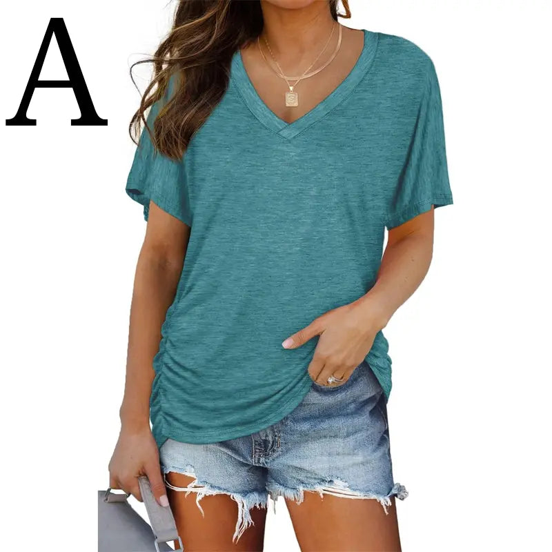 Last day discount🔥🔥Womens Short Sleeve V Neck Dolman Tops with Side Shirring