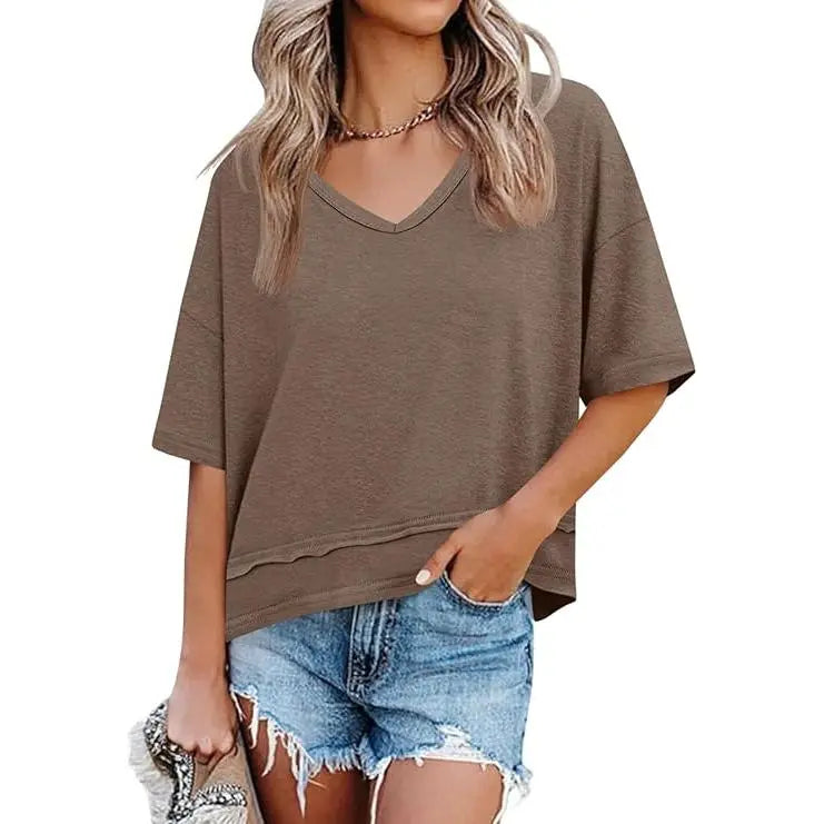 Womens Short Sleeve Shirts Summer V Neck Casual Top