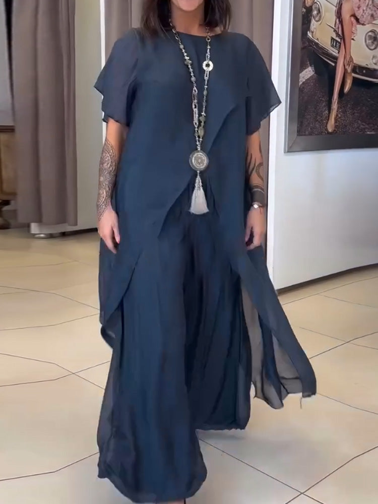 Chiffon Round Neck Casual Solid Color Two-Piece Suit