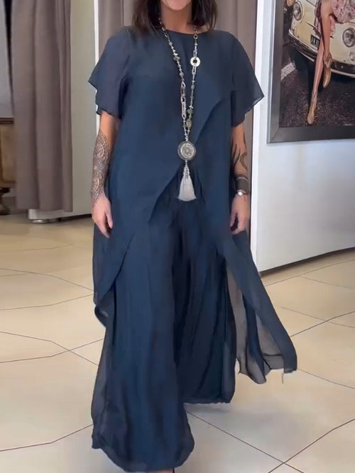 Chiffon Round Neck Casual Solid Color Two-Piece Suit