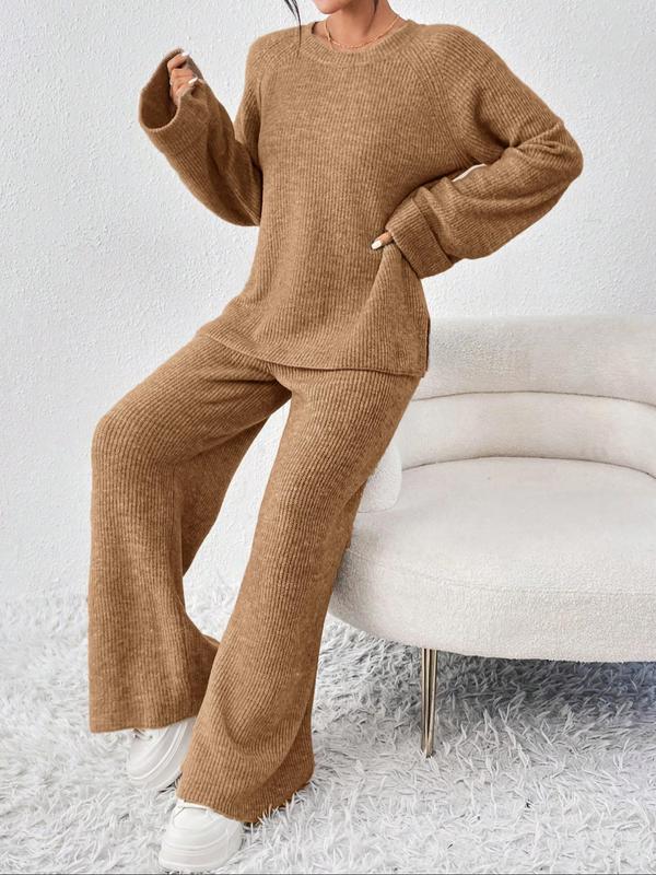 Women's Oversize Raglan Sleeve Split Sweater & Elastic Waist Pants Set