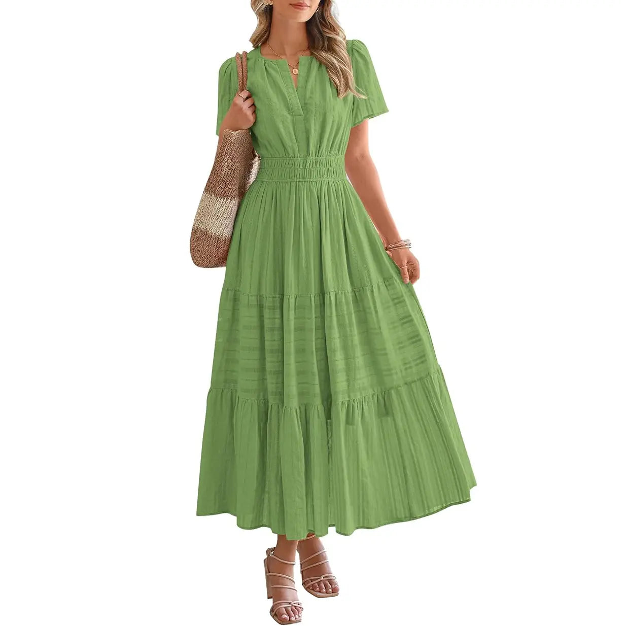 Women's Summer 2026 Casual Maxi Dress Lightweight Short Sleeve V Neck Boho Dress with Pockets