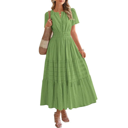 Women's Summer 2026 Casual Maxi Dress Lightweight Short Sleeve V Neck Boho Dress with Pockets