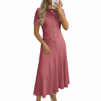 Womens Midi Dress Summer Casual Short Sleeve Crewneck Button Decor