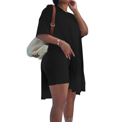 Plus Size Summer Outfit Side Slit Tunic Top & Biker Shorts Set