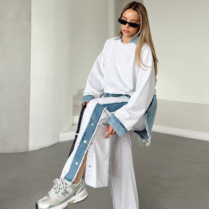 Women'S Knitted Patchwork Denim Top & Pants Set