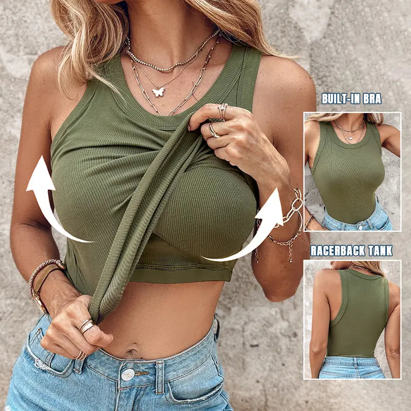 This Week's Special Price🍃Round Neck Built-in Bra Ribbed Tank Top Fit Casual Comfortable💥