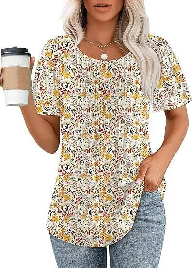 Women's T Shirts Short Sleeve Pleated Dressy Casual Scooped Neck Summer Tops Blouses