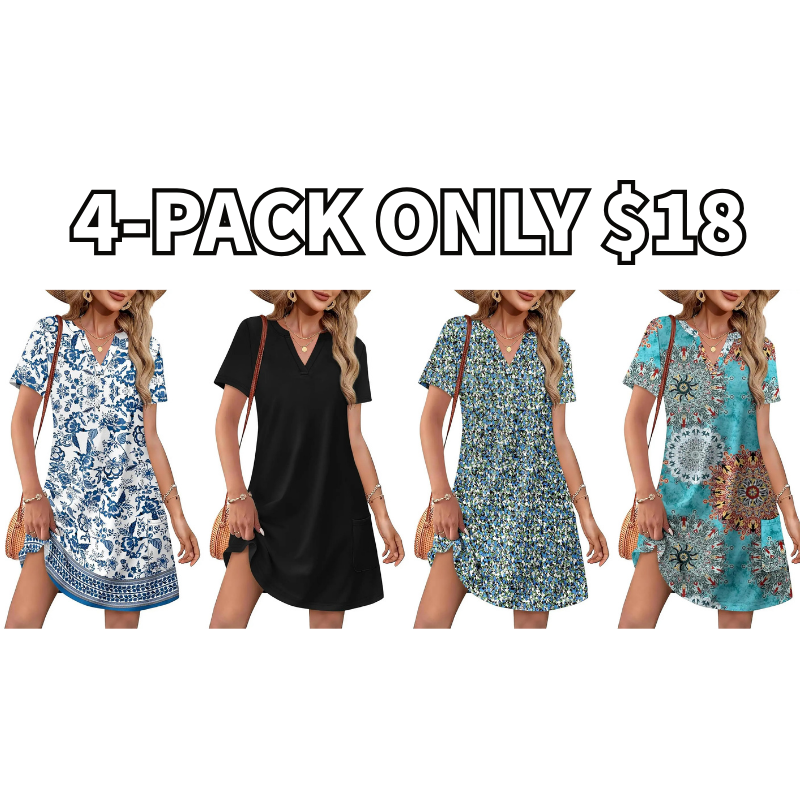 Women's 2026 Casual Summer V Neck Short Sleeve Dress Beach Vacation Outfit