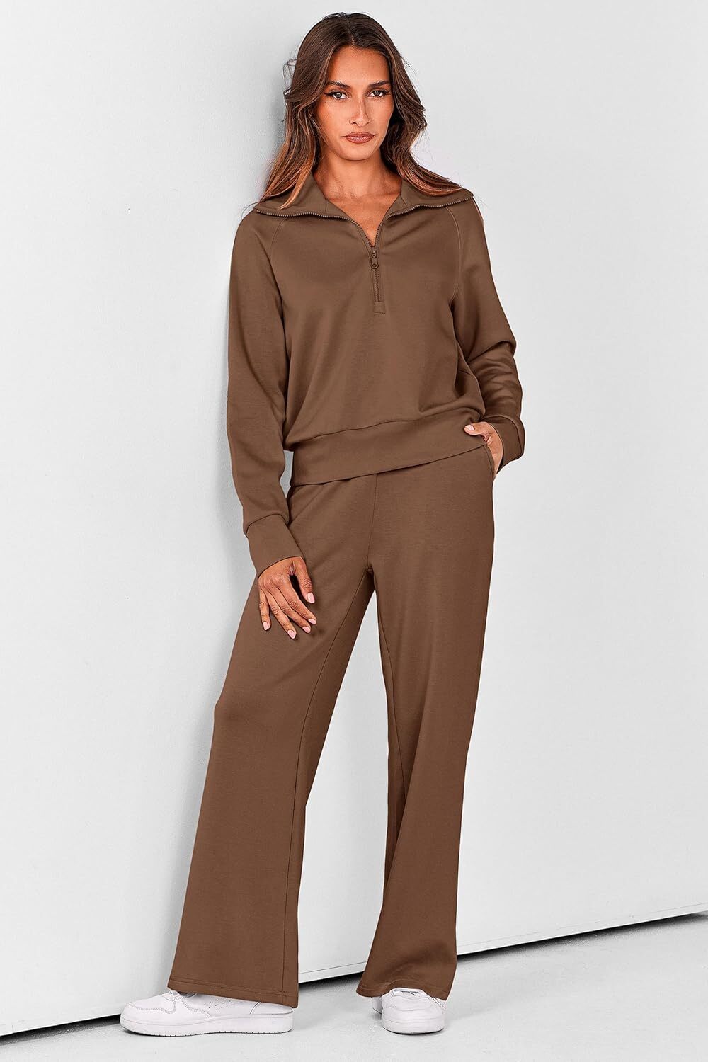 Women's Outfits Casual Lapel Half Zip Sweatshirts And Wide Leg Pants Tracksuit Sets