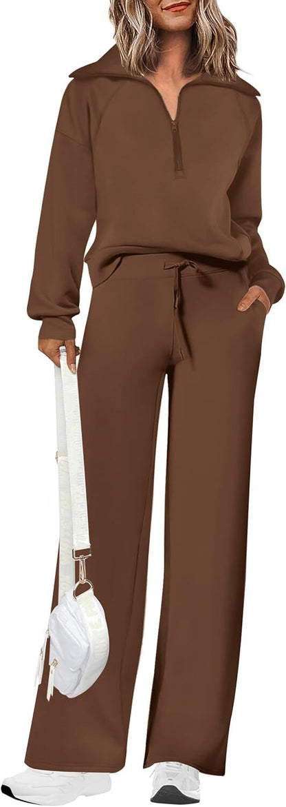 Women's Outfits Casual Lapel Half Zip Sweatshirts And Wide Leg Pants Tracksuit Sets