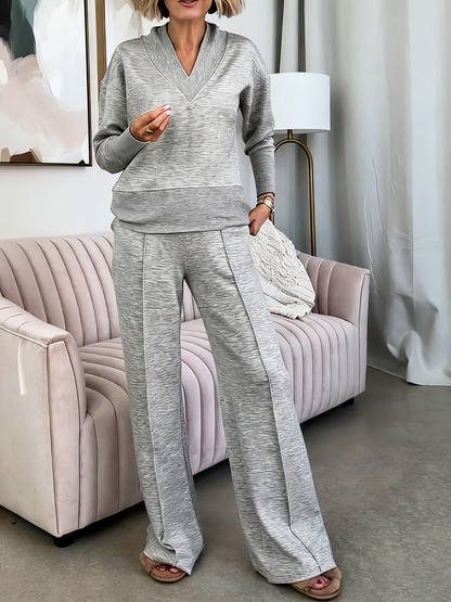Solid Color Casual Large V-Neck Top & Pants Set