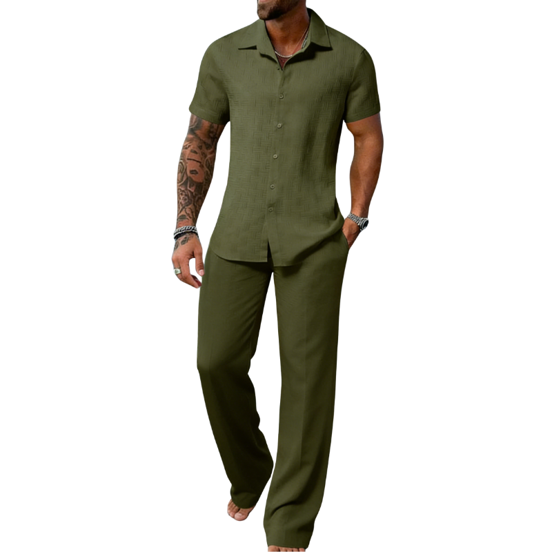 Men's Plain Textured Two-piece Set