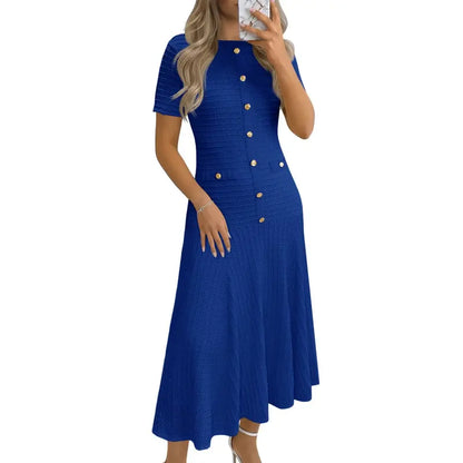 Womens Midi Dress Summer Casual Short Sleeve Crewneck Button Decor