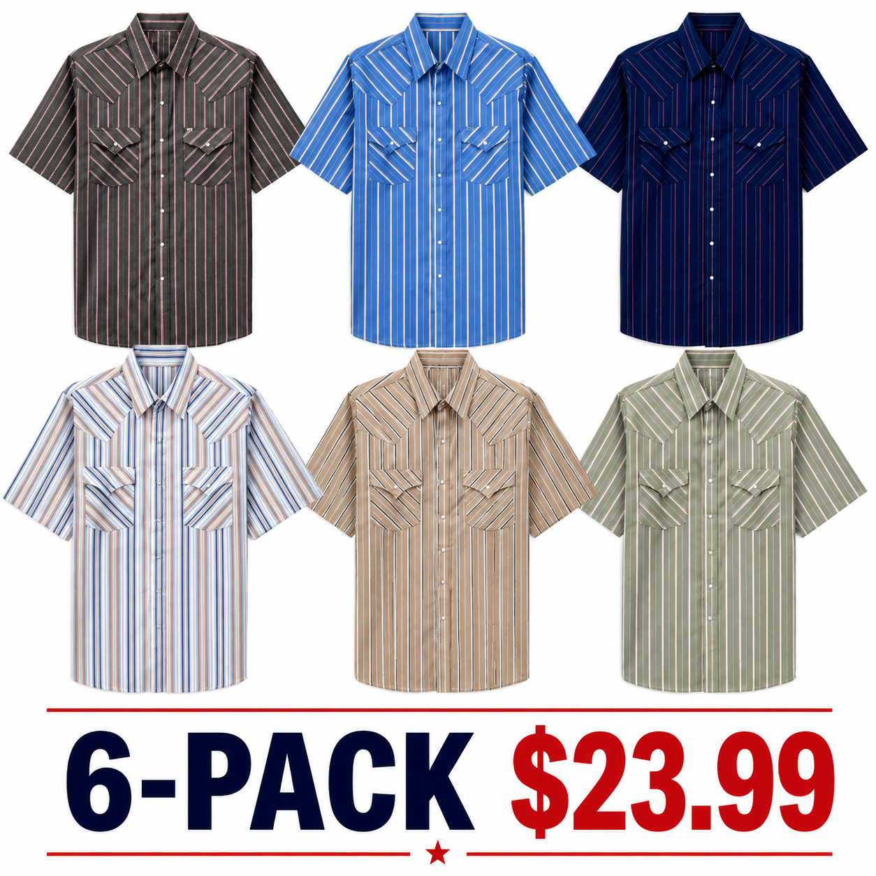 Men's Western Stripe Snap Shirt with Pocket - Short Sleeve Casual Cowboy Shirt