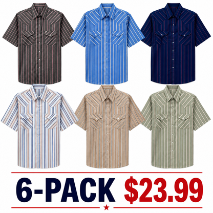 Men's Western Stripe Snap Shirt with Pocket - Short Sleeve Casual Cowboy Shirt