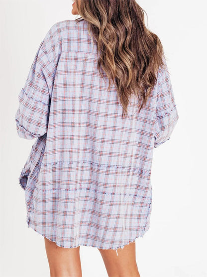 ⏰Hot Sale-Women's Seams Raw Edge Washed Oversized Shirt Jacket with Pockets 🔥New arrivals at special price🔥