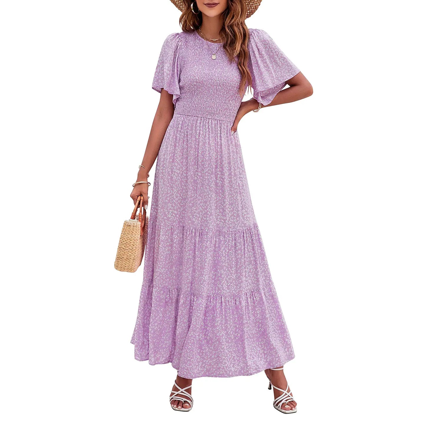 Floral Print Short Flutter Sleeve Crew Neck High Waist Flowy Maxi Dress