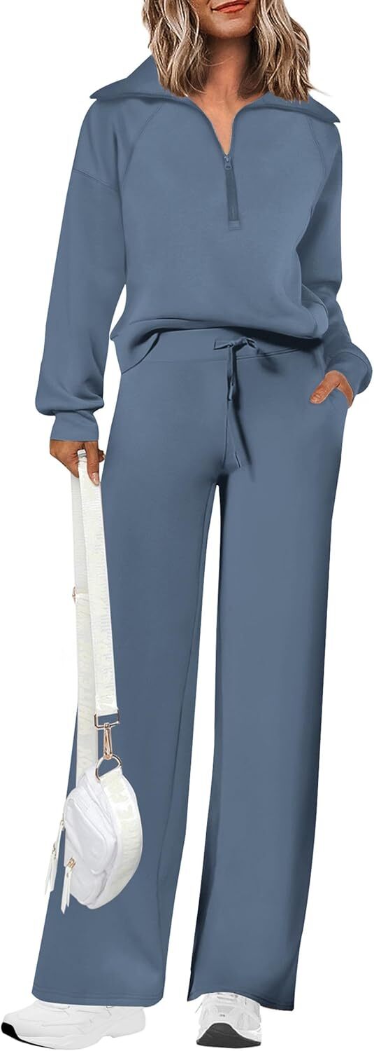 Women's Outfits Casual Lapel Half Zip Sweatshirts And Wide Leg Pants Tracksuit Sets