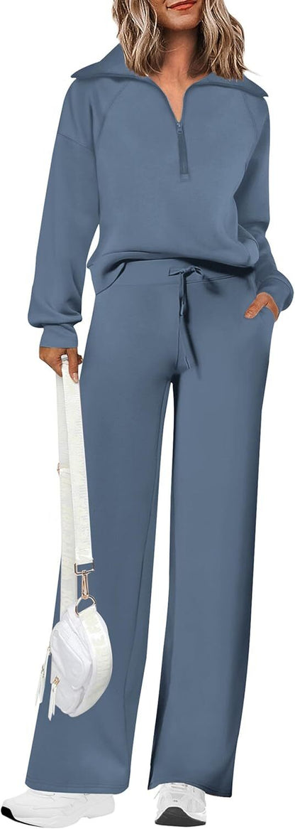 Women's Outfits Casual Lapel Half Zip Sweatshirts And Wide Leg Pants Tracksuit Sets