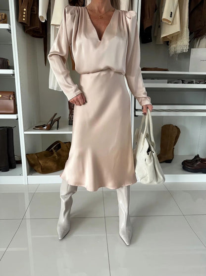Silky Satin Long-Sleeved V-Neck And Skirt Suit