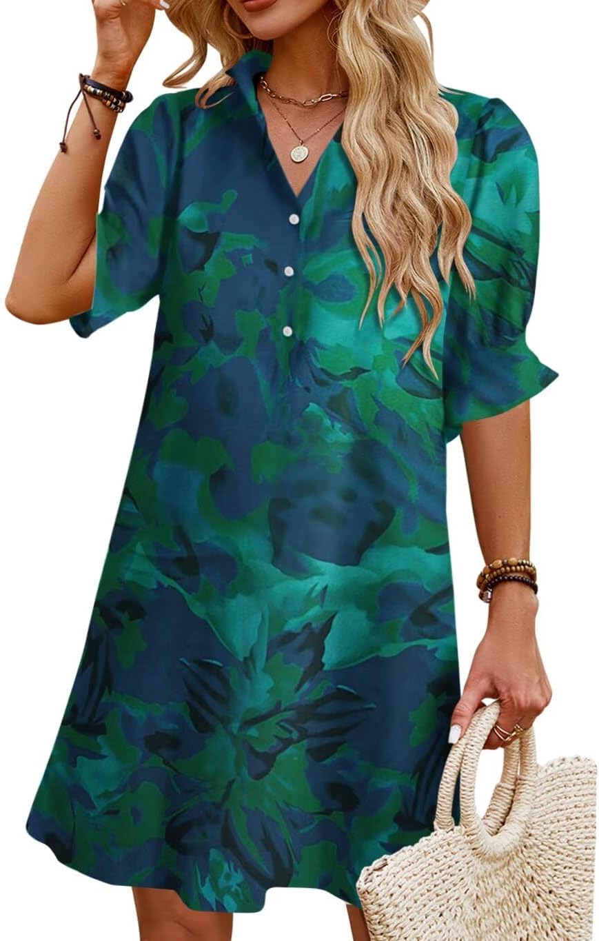 Womens Summer Shirt Mini Dresses with Pockets