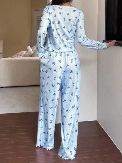 Women's Bow Print Long-Sleeve Lounge Pajama Set