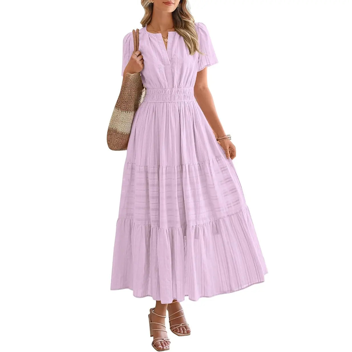 Women's Summer 2026 Casual Maxi Dress Lightweight Short Sleeve V Neck Boho Dress with Pockets