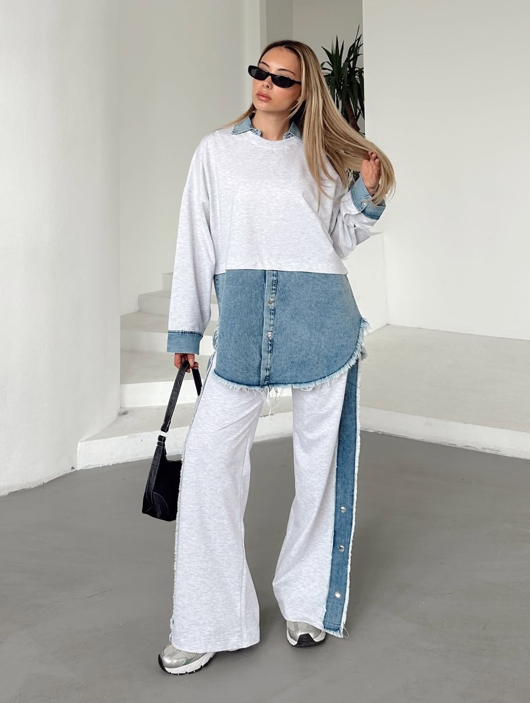 Women'S Knitted Patchwork Denim Top & Pants Set