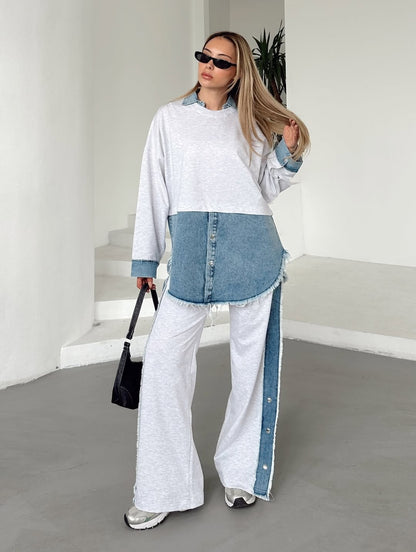 Women'S Knitted Patchwork Denim Top & Pants Set