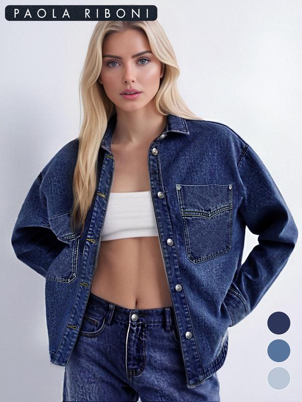 Women's Plain Button Front Drop Shoulder Curved Hem Denim Jacket