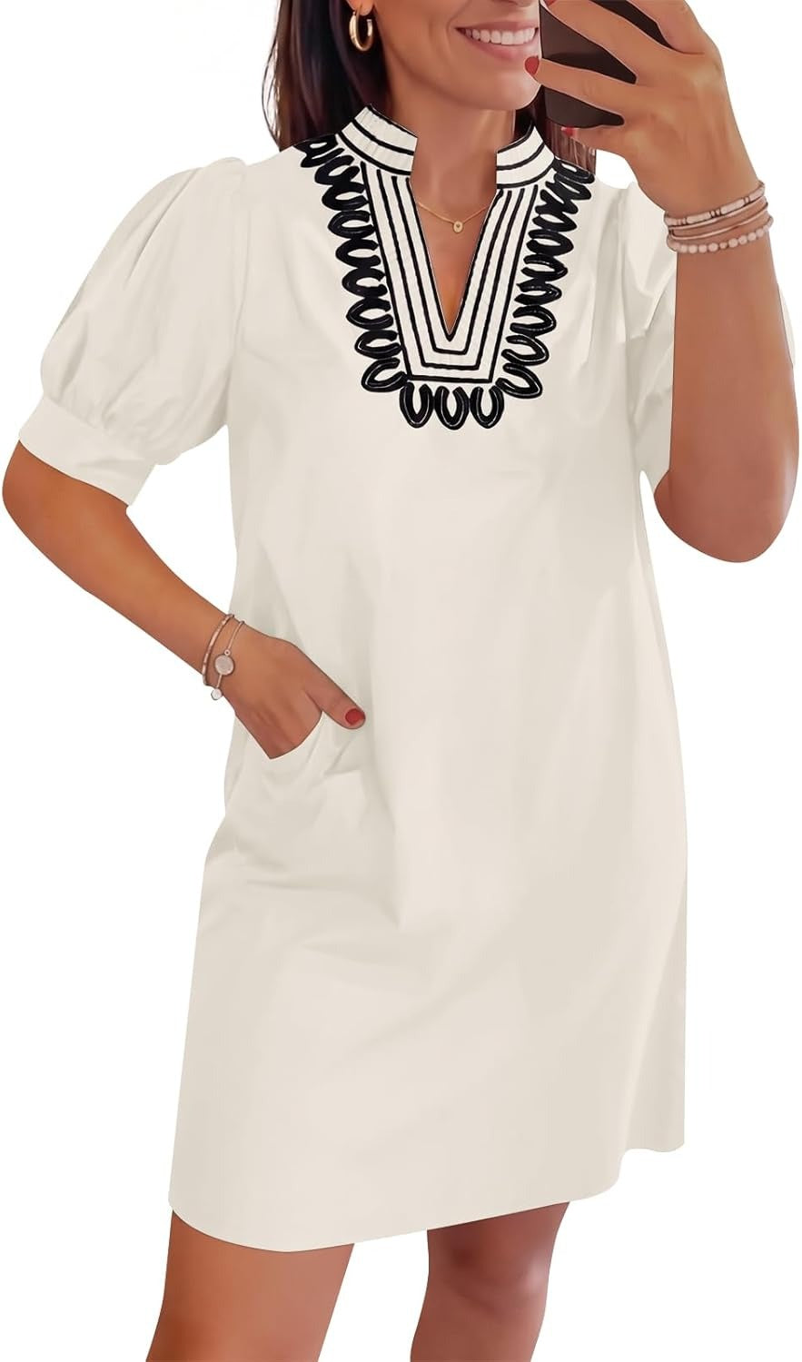 Womens Summer V Neck Shift Dresses Puff Short Sleeve Casual Dress