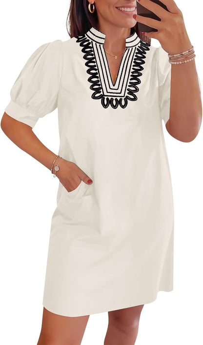 Womens Summer V Neck Shift Dresses Puff Short Sleeve Casual Dress