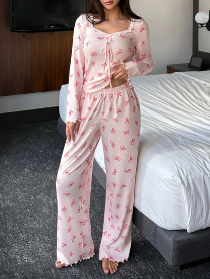 Women's Bow Print Long-Sleeve Lounge Pajama Set