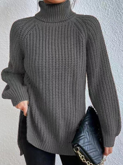 💥Last day only $37.99📢 Long Sleeves Loose Solid Color Split-Side High Neck Pullovers Sweater Tops
