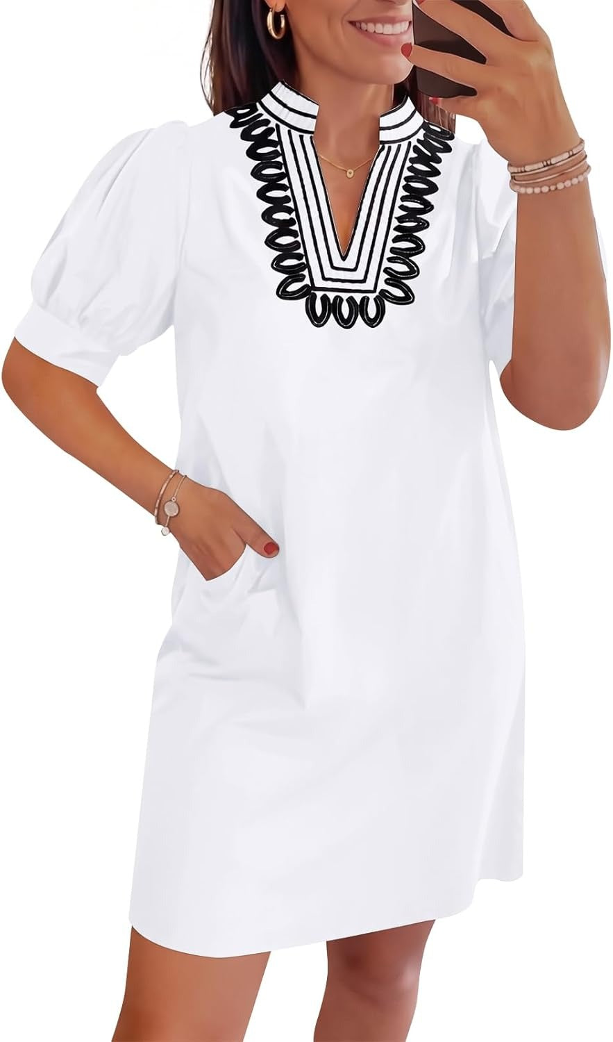 Womens Summer V Neck Shift Dresses Puff Short Sleeve Casual Dress