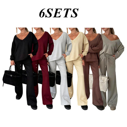 Autumn And Winter Solid Color Knitted V-Neck Top & Pants Set