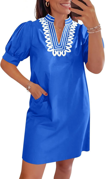 Womens Summer V Neck Shift Dresses Puff Short Sleeve Casual Dress