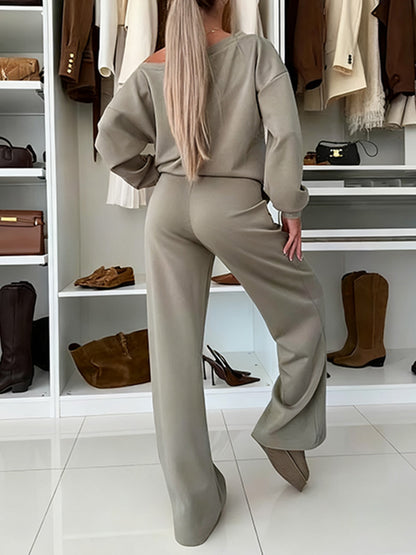 Autumn And Winter Solid Color Knitted V-Neck Top & Pants Set