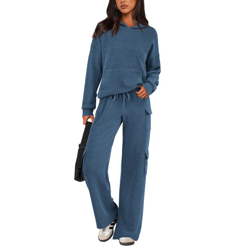 Women's Navy Blue Knitted Sets Hoodie & Wide Leg Pants with Pockets Drawstring Long Sleeve Loungewear Tracksuits Basic Fitted Clothes